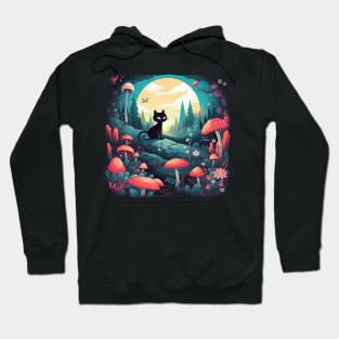 Mushroom Fairy Black Cat Landscape Hoodie